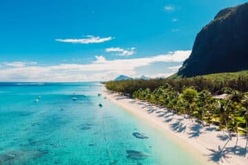 Luxury beach with mountain in Mauritius. Sandy beach with palms and blue ocean. Aerial view