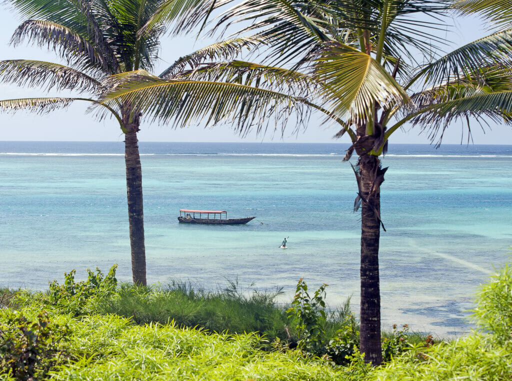 Boat anchored off Bwejuu beach, Zanzibar.