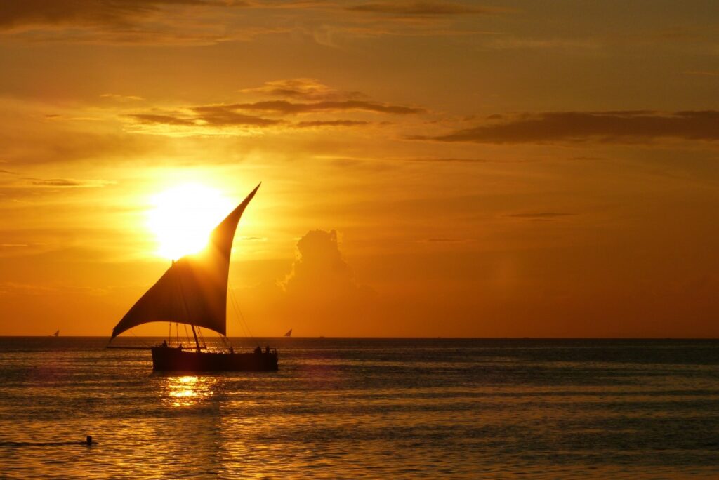 Boat sailing in sunset, Zanzibar