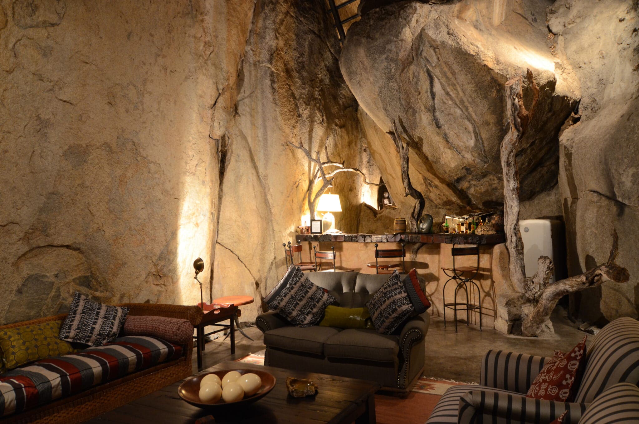 A lounge area in what appears to be a cave