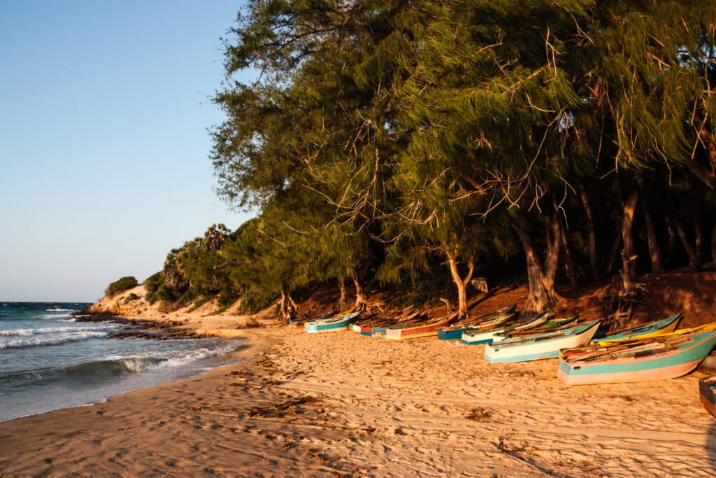 Small fishing boats pulled up on the beach at Tofo, Mozambique.