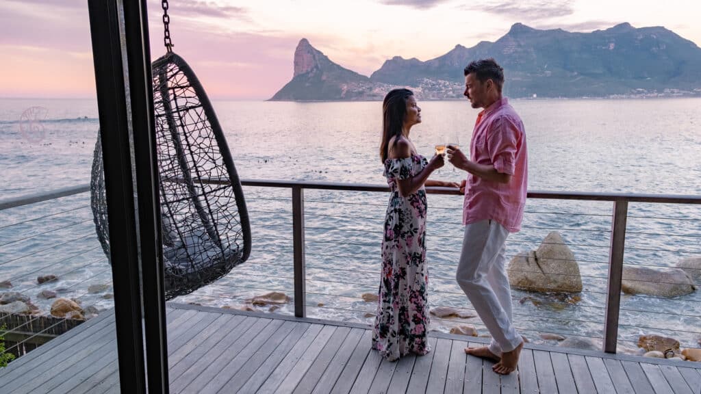 Couple drinking coffee on a honeymoon in Cape Town