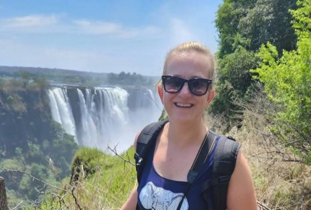 Diane at the Victoria Falls on the Zimbabwe side.