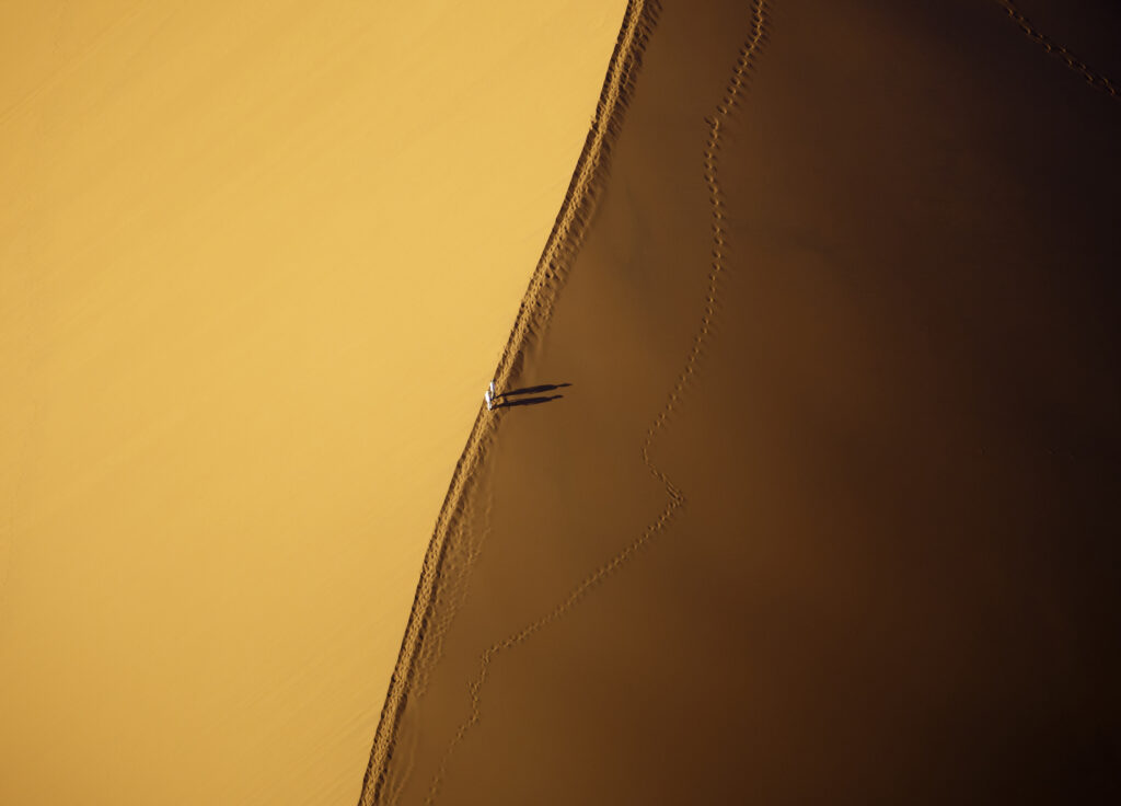 Aerial view of hikers on Dune 45 in Sossusvlei, Namibia. Photo: Getty Images