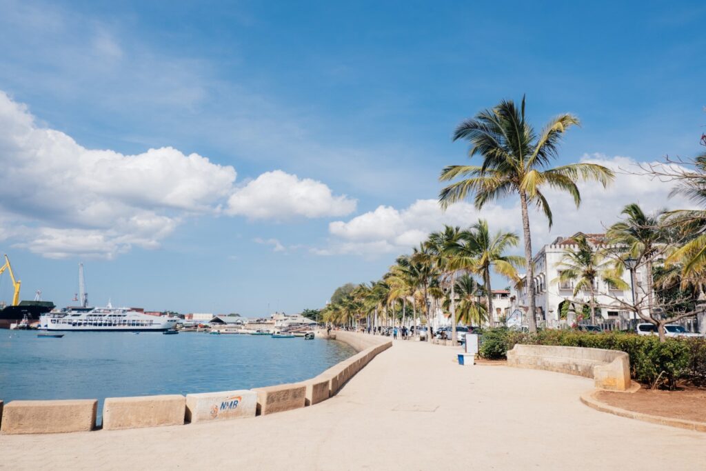 Wide shot of the promenade of Stone Town, Zanzibar