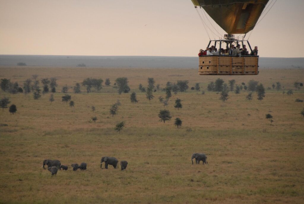 Aerial view of a hot-air balloon over the Serengeti, Tanzania: Photo credit: Songa Tented Camp